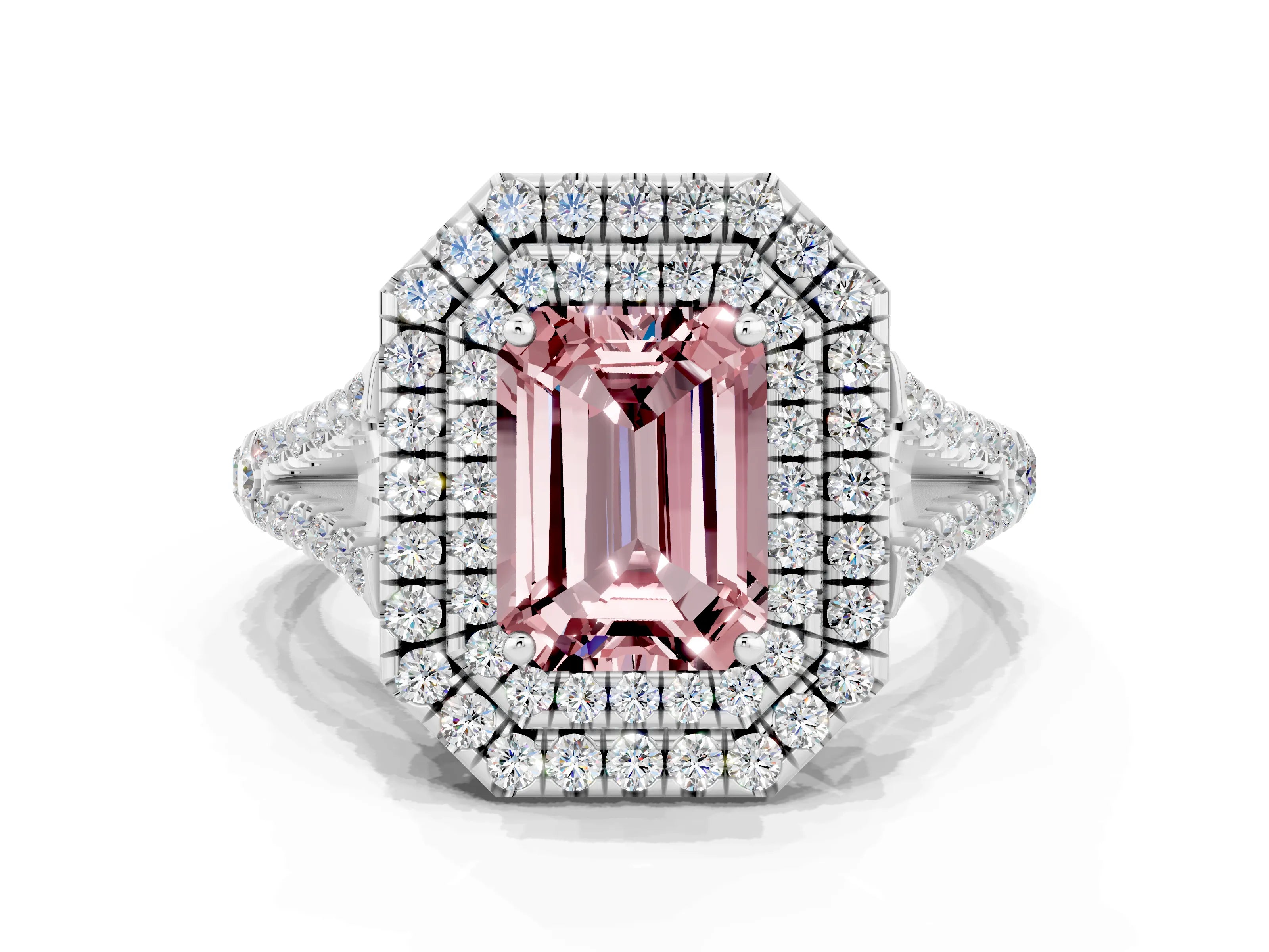 White gold Emerald Cut Morganite Double Halo Ring with Pavé Band and Prong Setting_12
