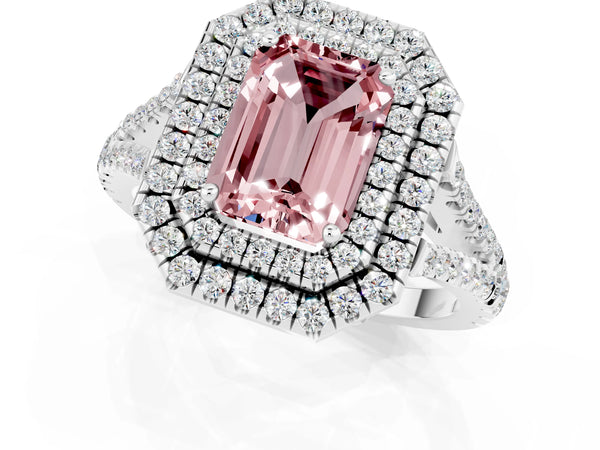 White gold Emerald Cut Morganite Double Halo Ring with Pavé Band and Prong Setting