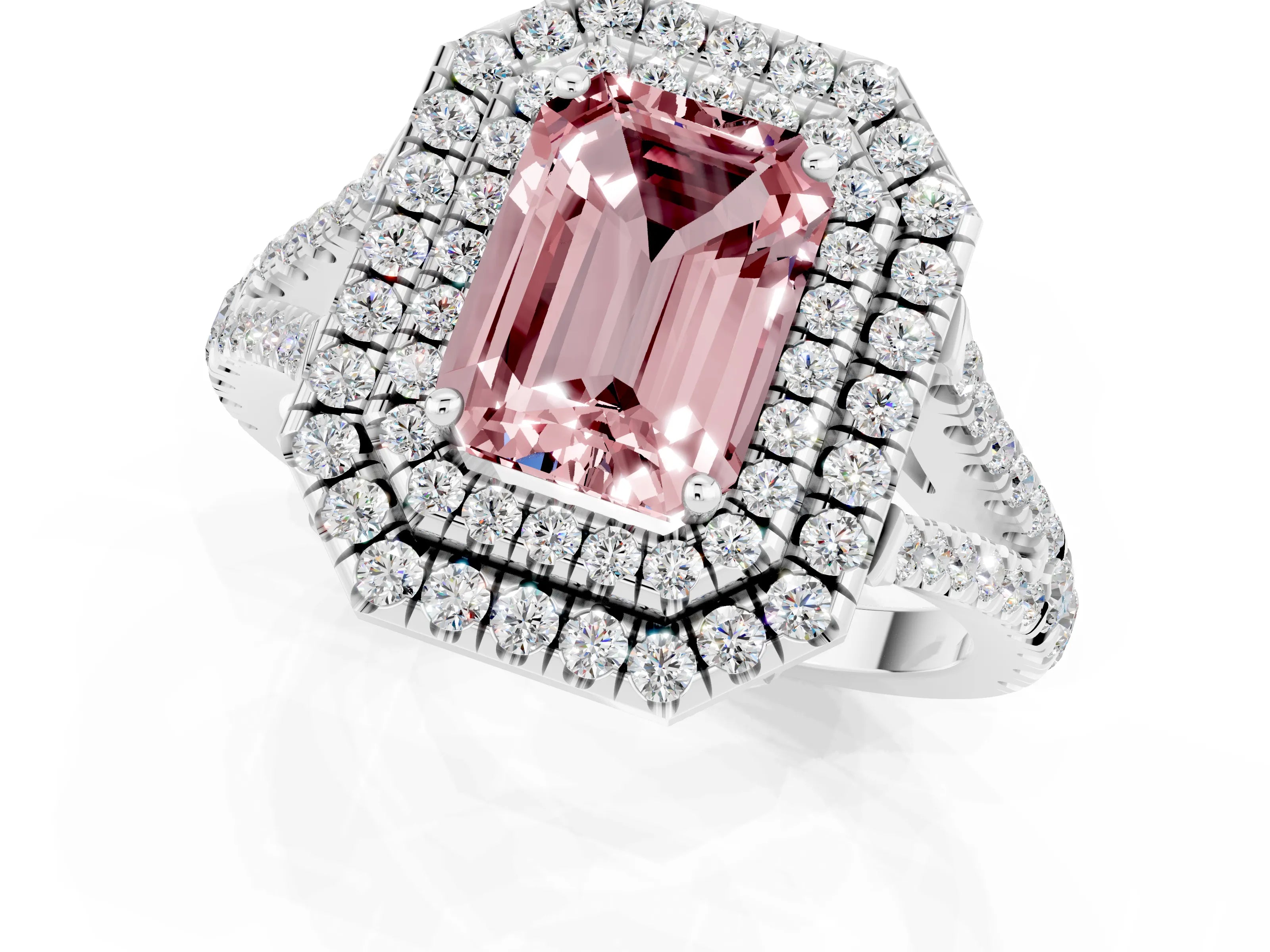 White gold Emerald Cut Morganite Double Halo Ring with Pavé Band and Prong Setting_13