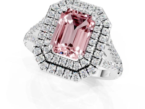 White gold Emerald Cut Morganite Double Halo Ring with Pavé Band and Prong Setting_13