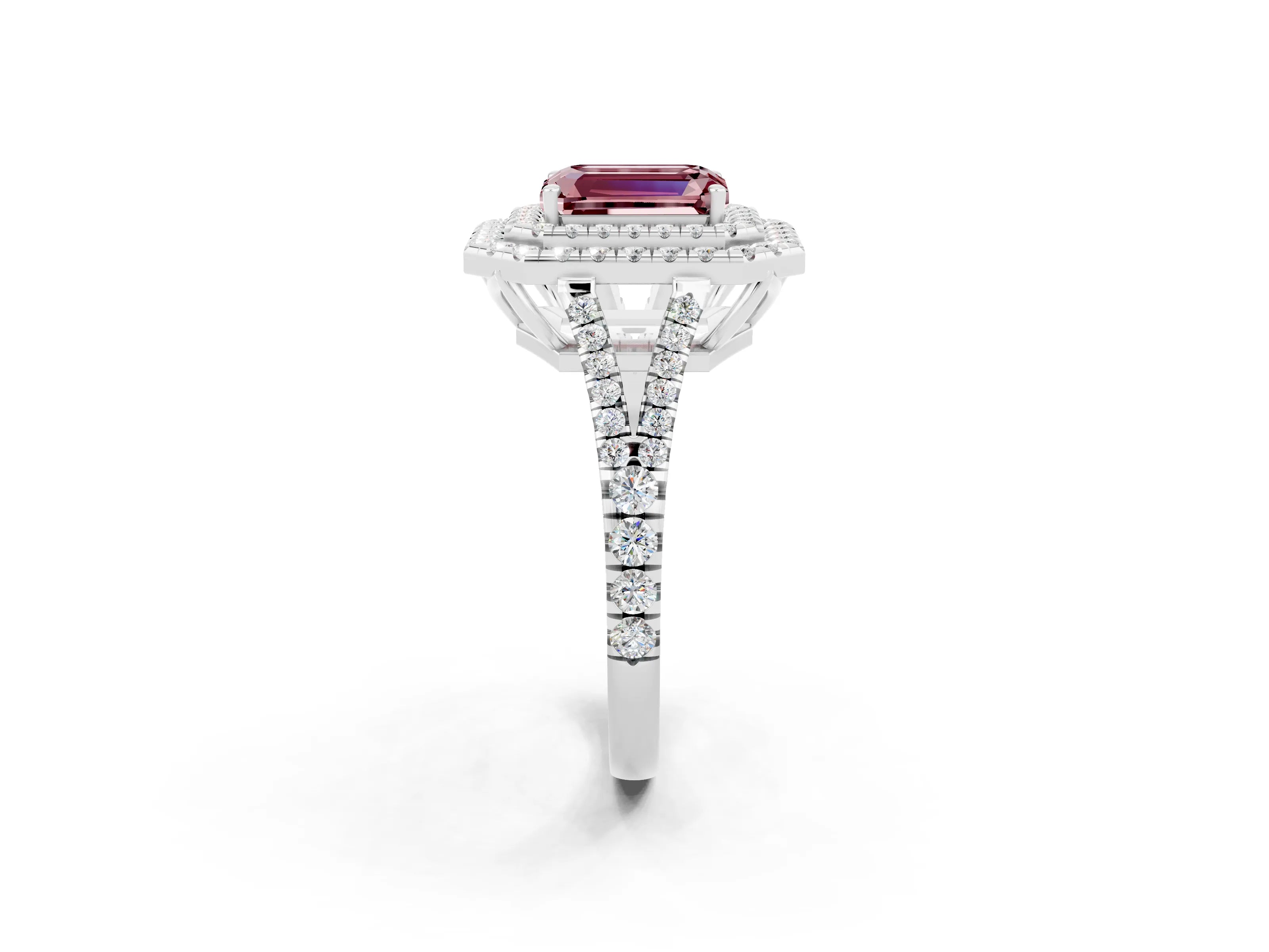 White gold Emerald Cut Morganite Double Halo Ring with Pavé Band and Prong Setting_14