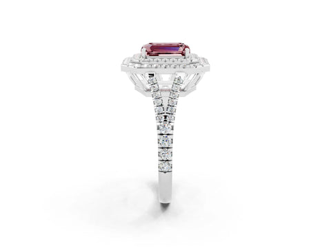 White gold Emerald Cut Morganite Double Halo Ring with Pavé Band and Prong Setting_14