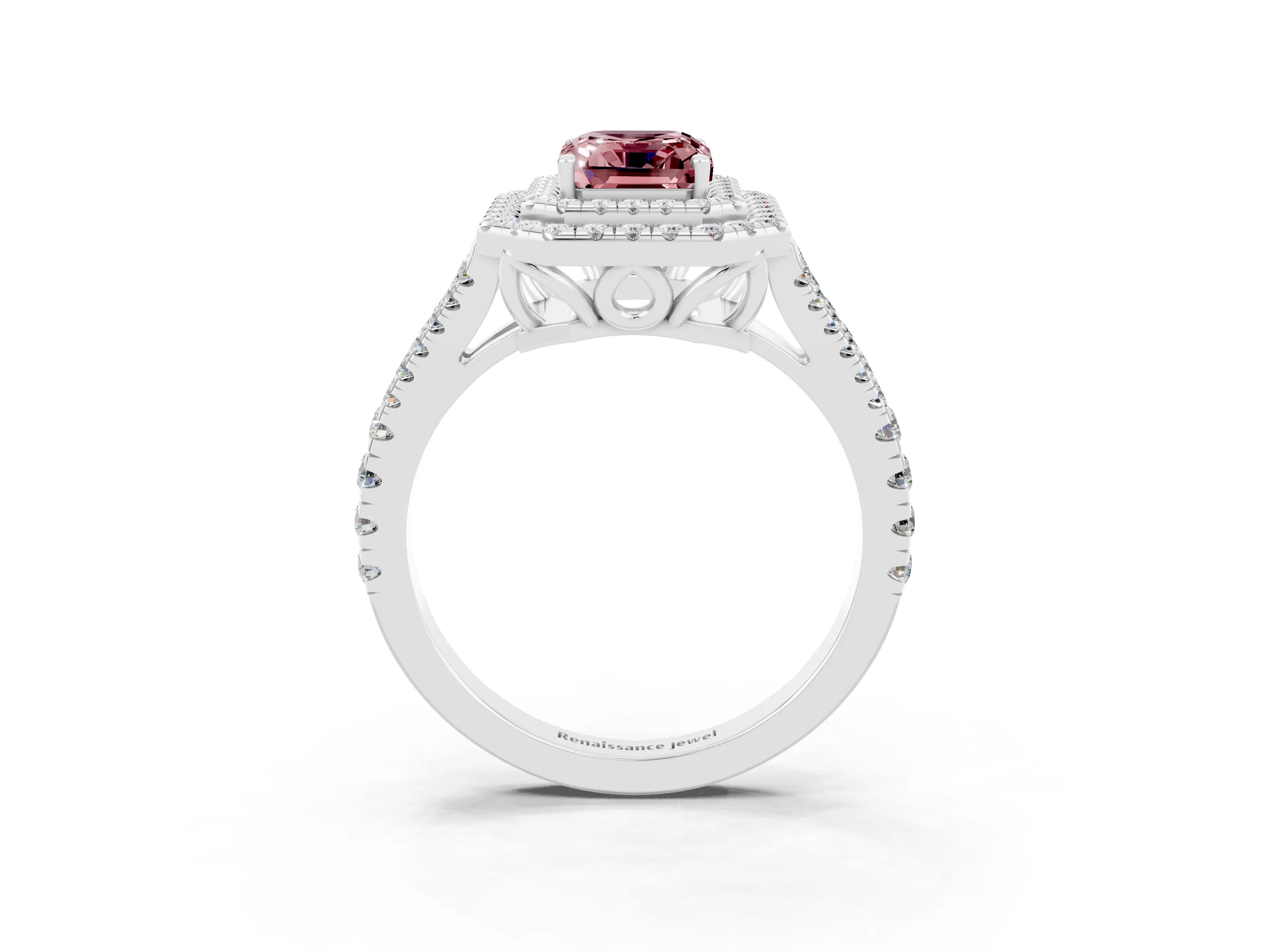 White gold Emerald Cut Morganite Double Halo Ring with Pavé Band and Prong Setting_15