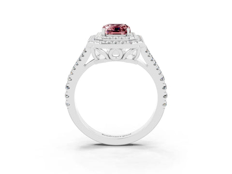 White gold Emerald Cut Morganite Double Halo Ring with Pavé Band and Prong Setting_15