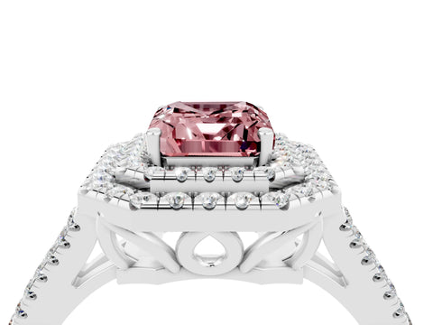 White gold Emerald Cut Morganite Double Halo Ring with Pavé Band and Prong Setting_16