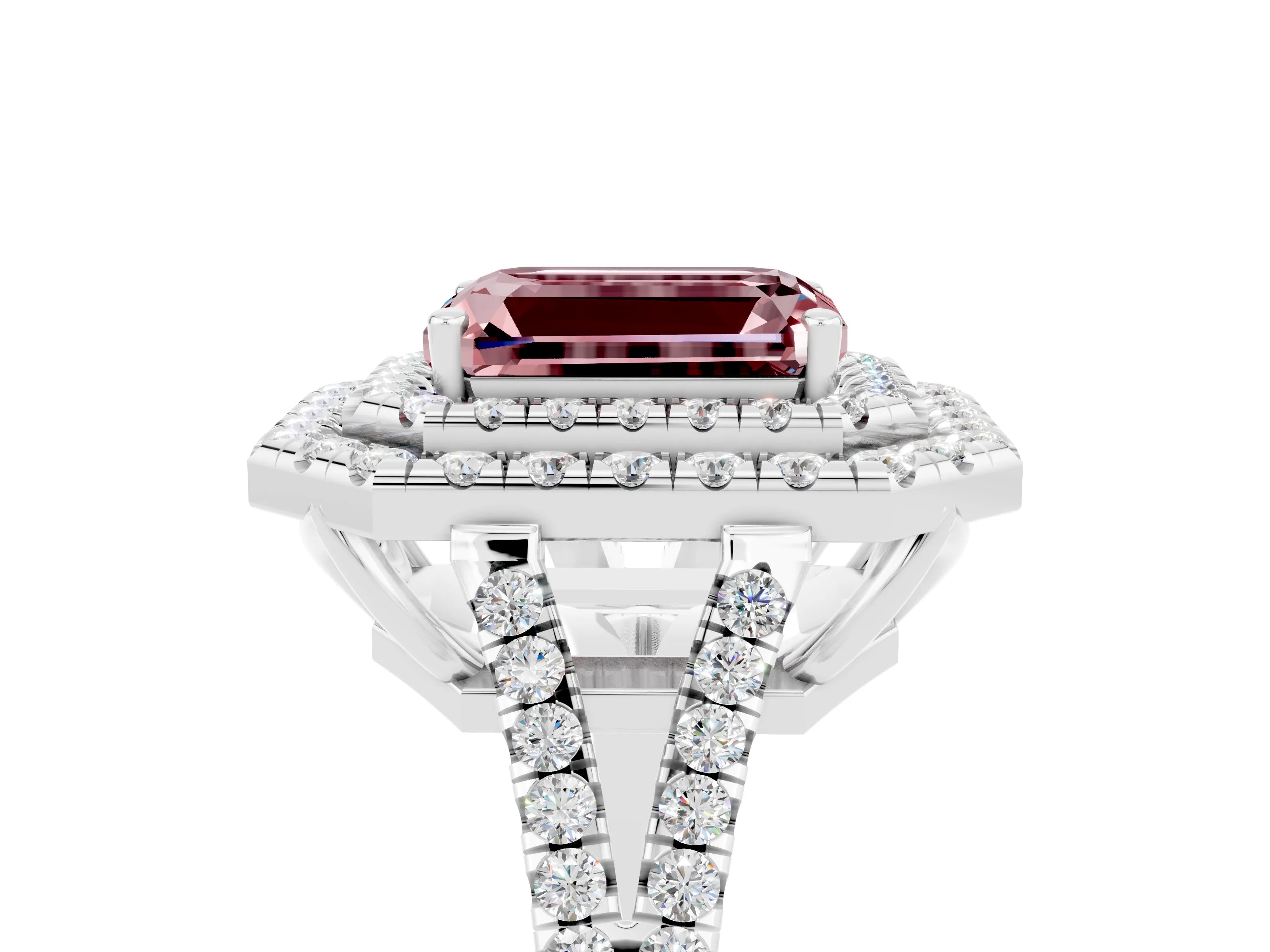 White gold Emerald Cut Morganite Double Halo Ring with Pavé Band and Prong Setting_17