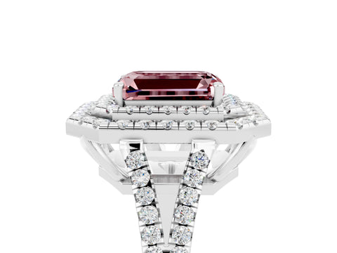 White gold Emerald Cut Morganite Double Halo Ring with Pavé Band and Prong Setting_17
