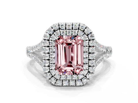 White gold Emerald Cut Morganite Double Halo Ring with Split Shank and Prong Setting_12