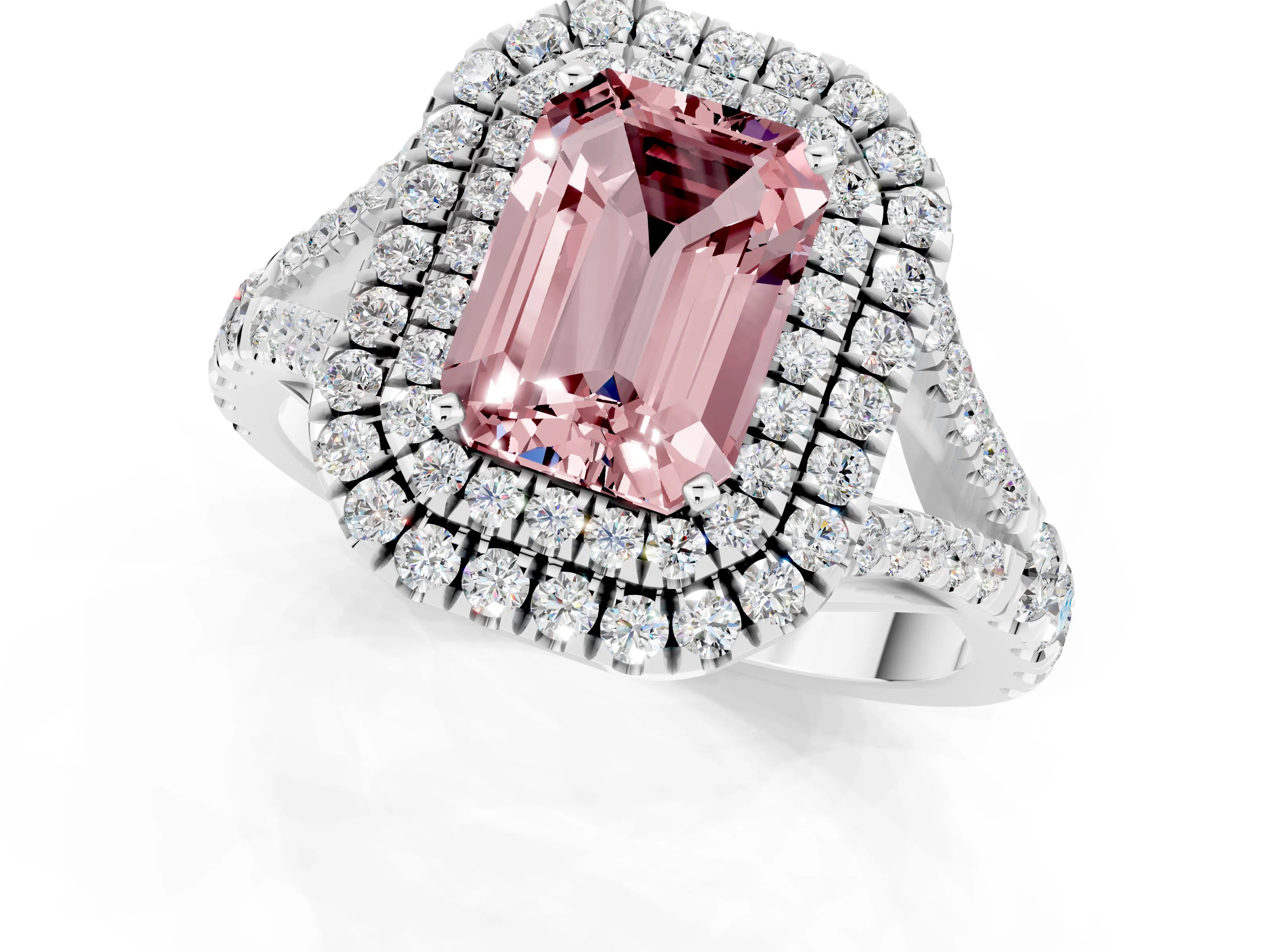 White gold Emerald Cut Morganite Double Halo Ring with Split Shank and Prong Setting_13