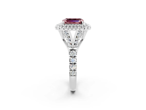 Platinum Emerald Cut Morganite Double Halo Ring with Split Shank and Prong Setting