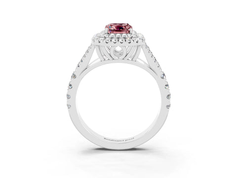 White gold Emerald Cut Morganite Double Halo Ring with Split Shank and Prong Setting_15