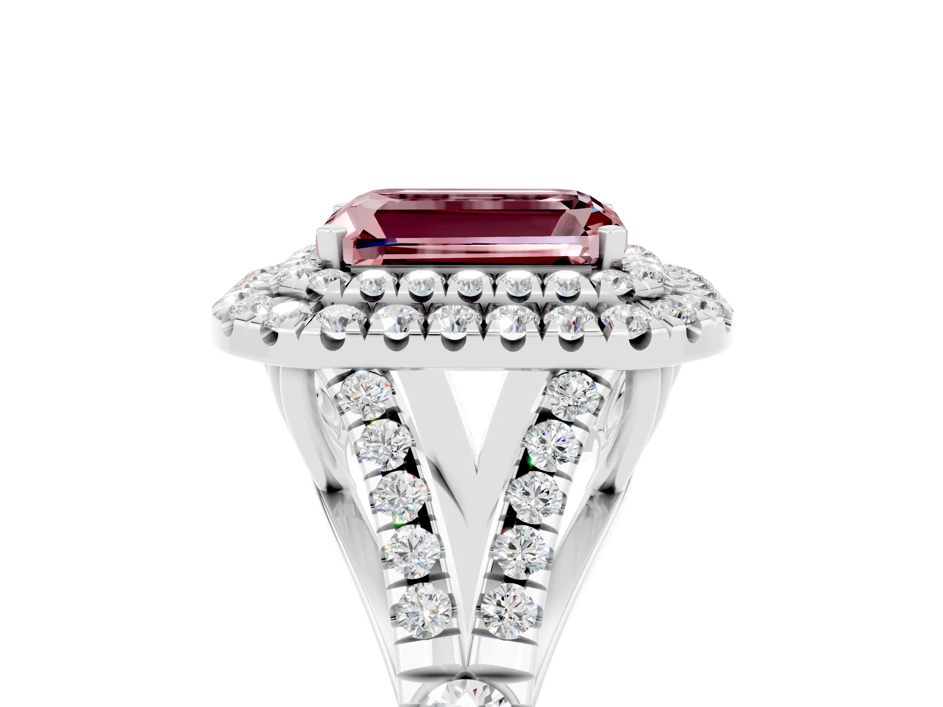 White gold Emerald Cut Morganite Double Halo Ring with Split Shank and Prong Setting_17