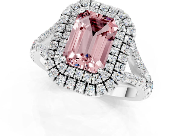 White gold Emerald Cut Morganite Double Halo Ring with Split Shank and Prong Setting