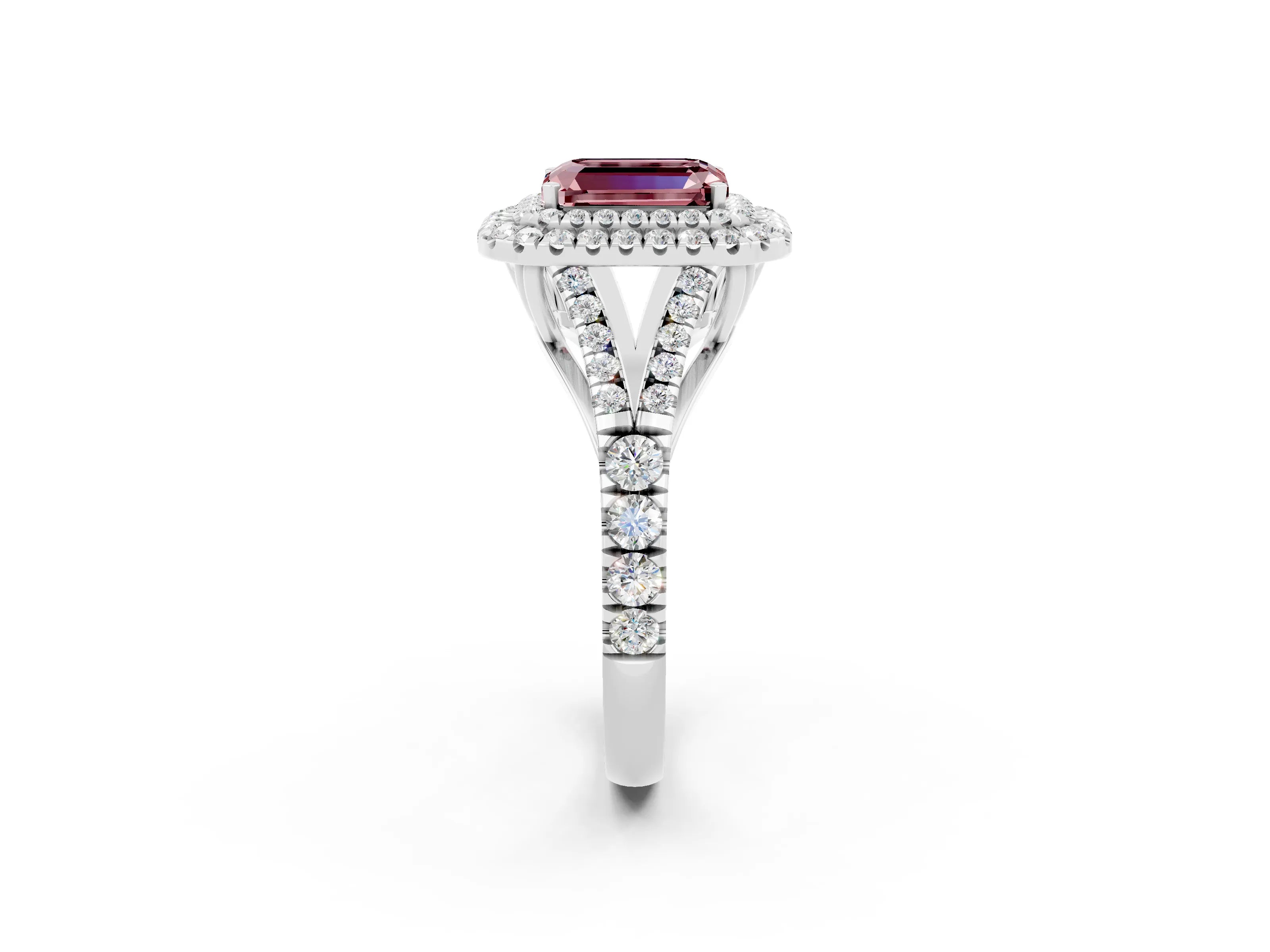 White gold Emerald Cut Morganite Double Halo Ring with Split Shank and Prong Setting_26