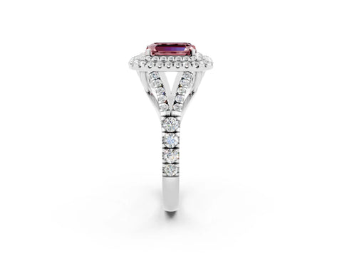 White gold Emerald Cut Morganite Double Halo Ring with Split Shank and Prong Setting_26