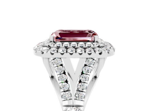 White gold Emerald Cut Morganite Double Halo Ring with Split Shank and Prong Setting_29