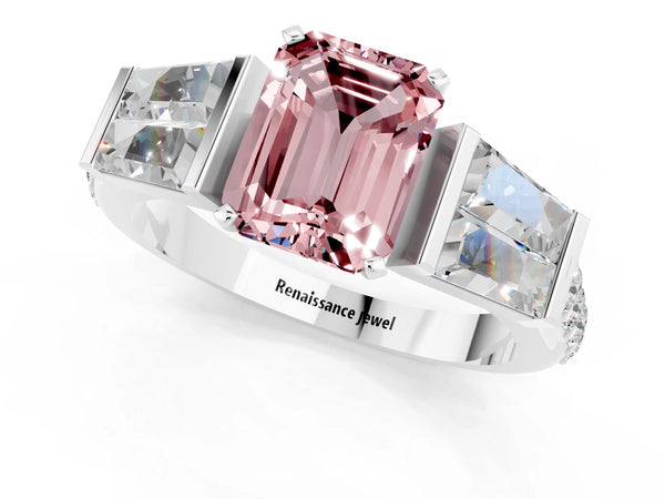 Platinum Emerald Cut Morganite Engagement Ring with Baguette Side Stones and Channel Set Band