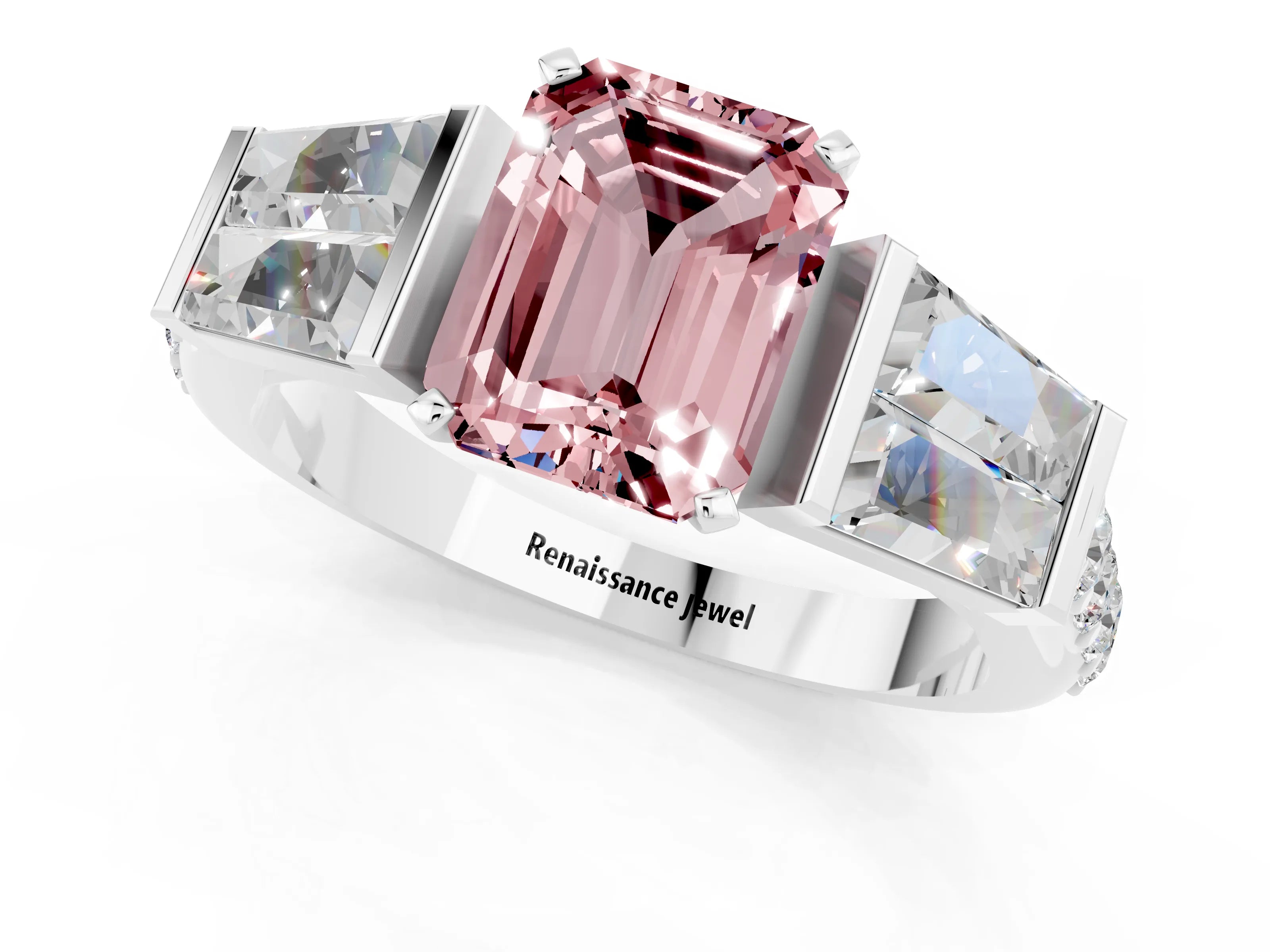 White gold Emerald Cut Morganite Engagement Ring with Baguette Side Stones and Channel Set Band_1