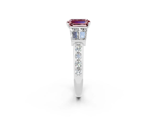 Platinum Emerald Cut Morganite Engagement Ring with Baguette Side Stones and Channel Set Band