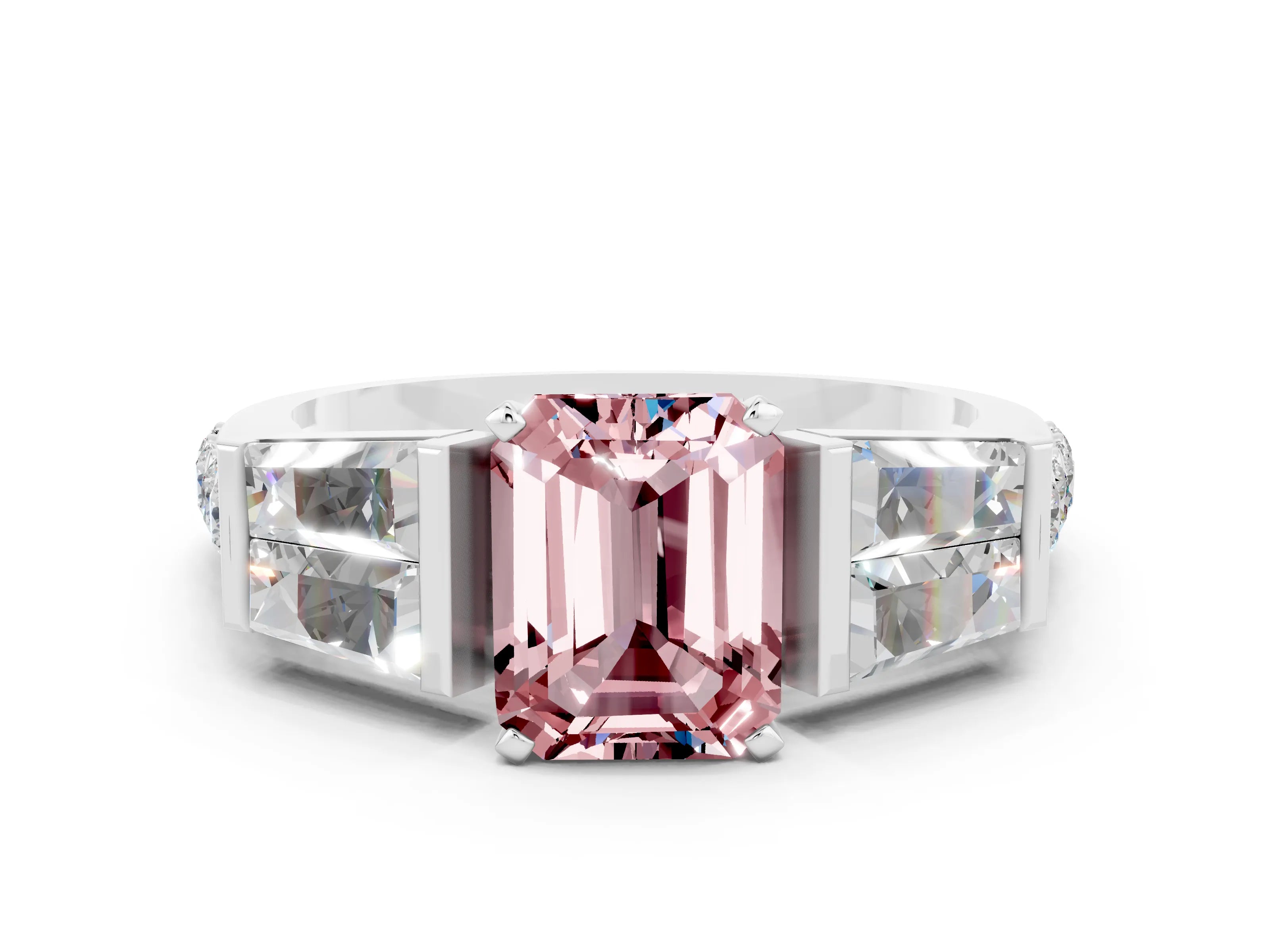 White gold Emerald Cut Morganite Engagement Ring with Baguette Side Stones and Channel Set Band