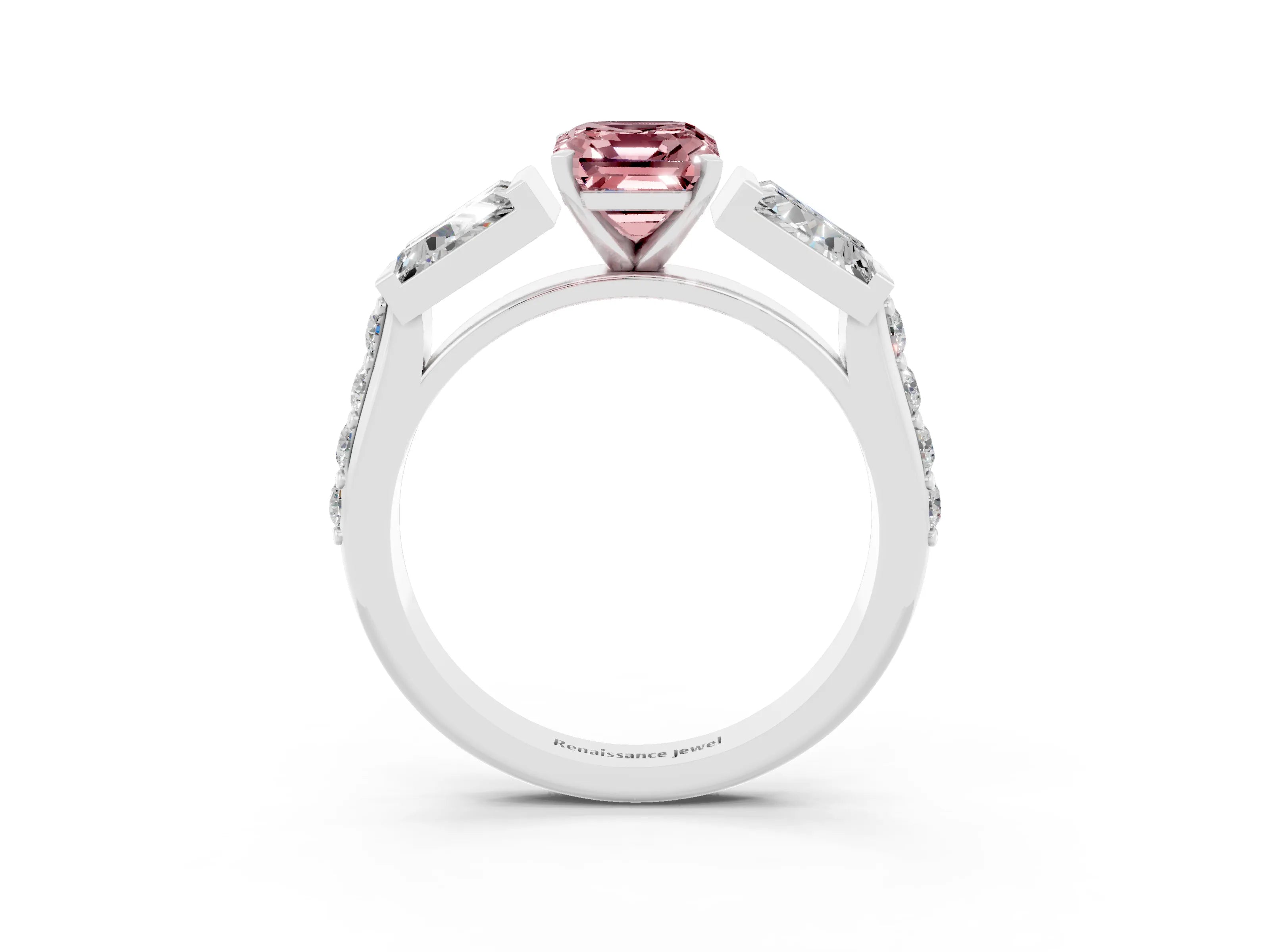White gold Emerald Cut Morganite Engagement Ring with Baguette Side Stones and Channel Set Band_3