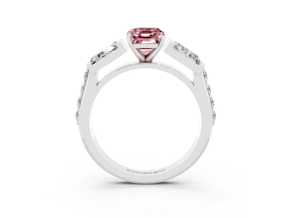 White gold Emerald Cut Morganite Engagement Ring with Baguette Side Stones and Channel Set Band