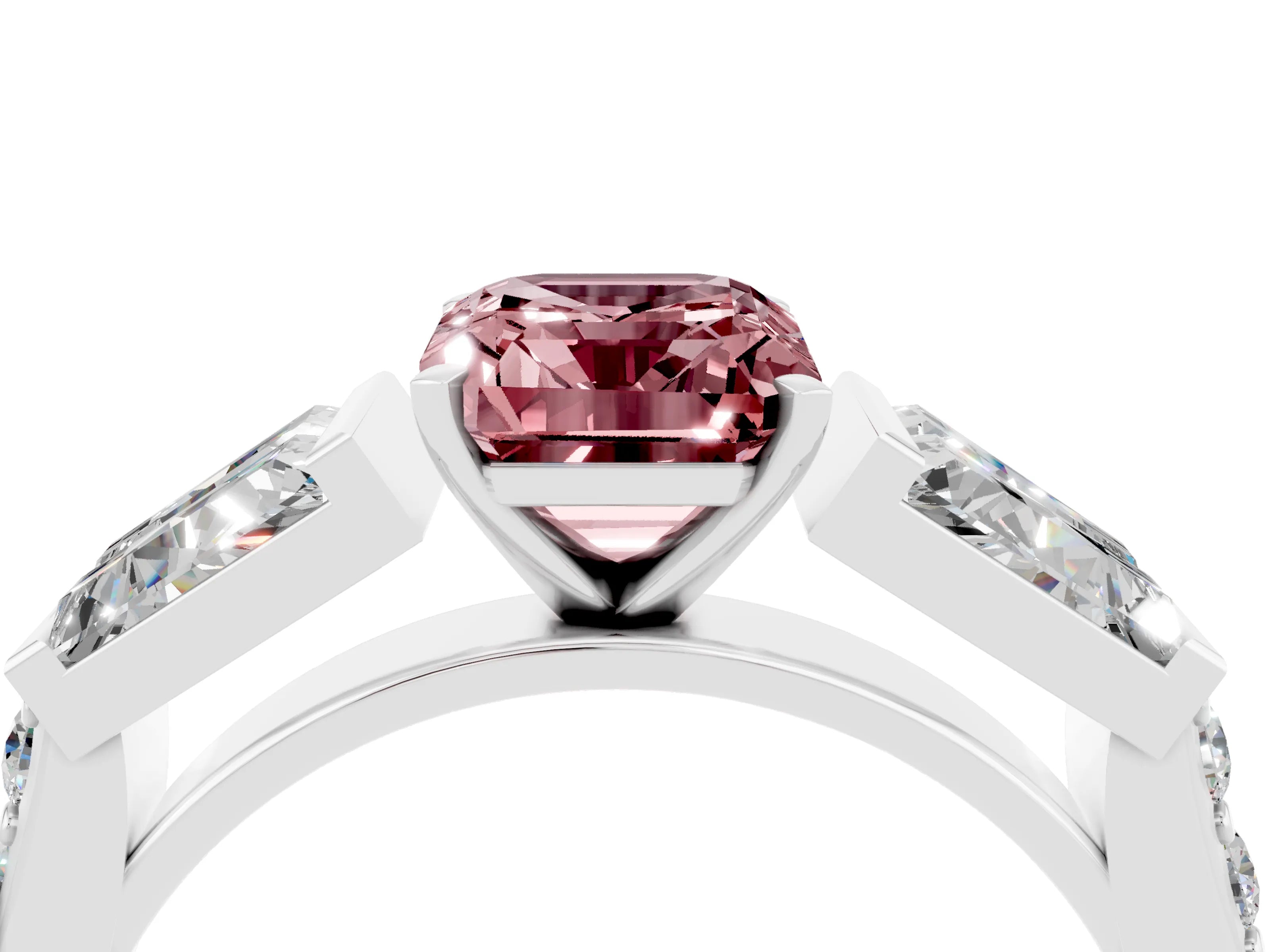White gold Emerald Cut Morganite Engagement Ring with Baguette Side Stones and Channel Set Band_4