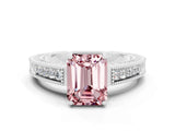 White gold Emerald Cut Morganite Engagement Ring with Milgrain Channel Set Band and Prong Setting