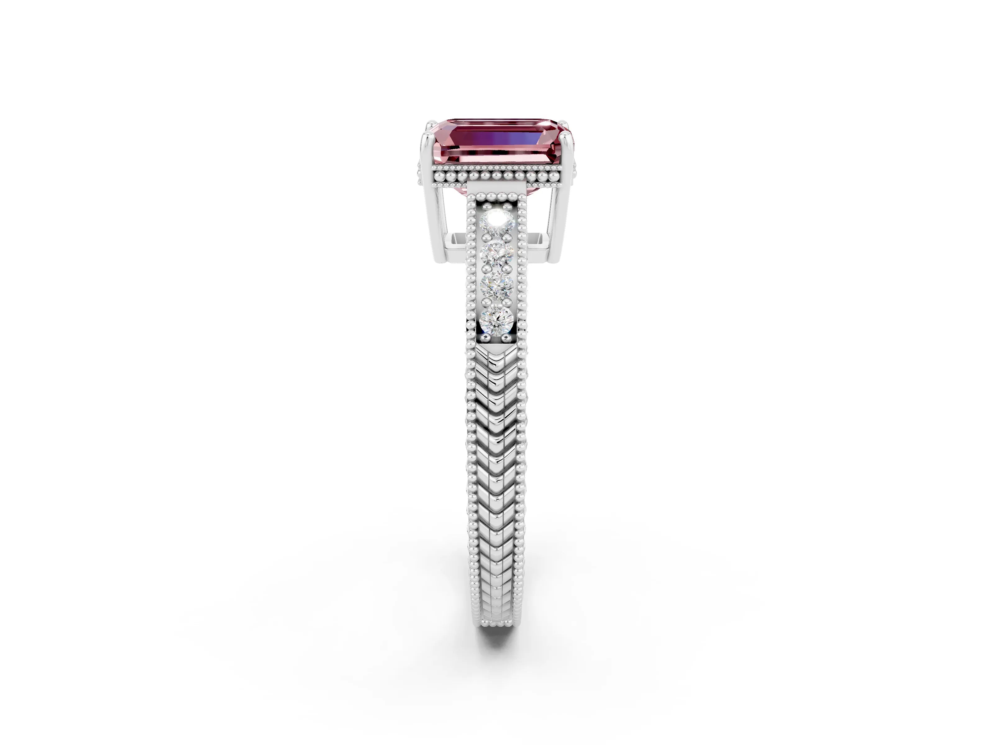 White gold Emerald Cut Morganite Engagement Ring with Milgrain Channel Set Band and Prong Setting_2