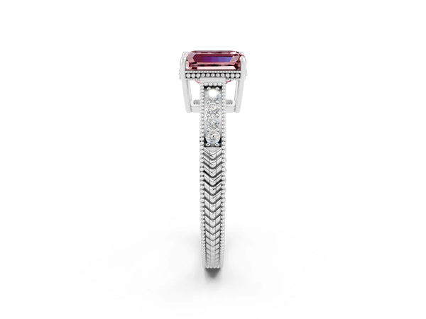 White gold Emerald Cut Morganite Engagement Ring with Milgrain Channel Set Band and Prong Setting