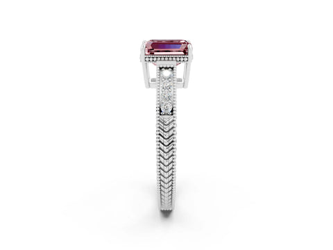 White gold Emerald Cut Morganite Engagement Ring with Milgrain Channel Set Band and Prong Setting_2