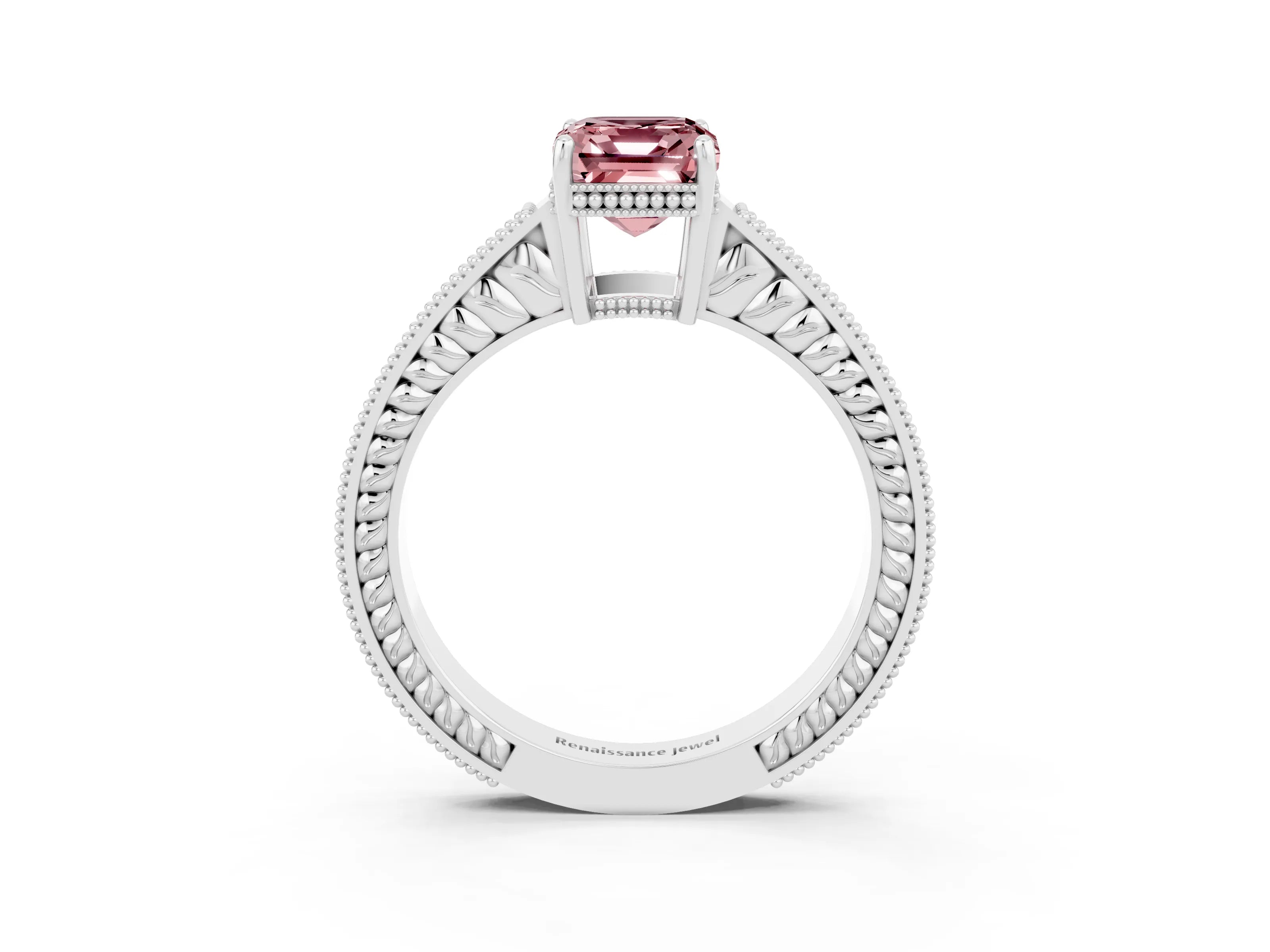 White gold Emerald Cut Morganite Engagement Ring with Milgrain Channel Set Band and Prong Setting_3