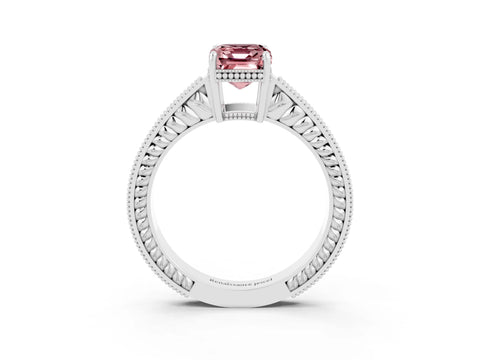 White gold Emerald Cut Morganite Engagement Ring with Milgrain Channel Set Band and Prong Setting_3