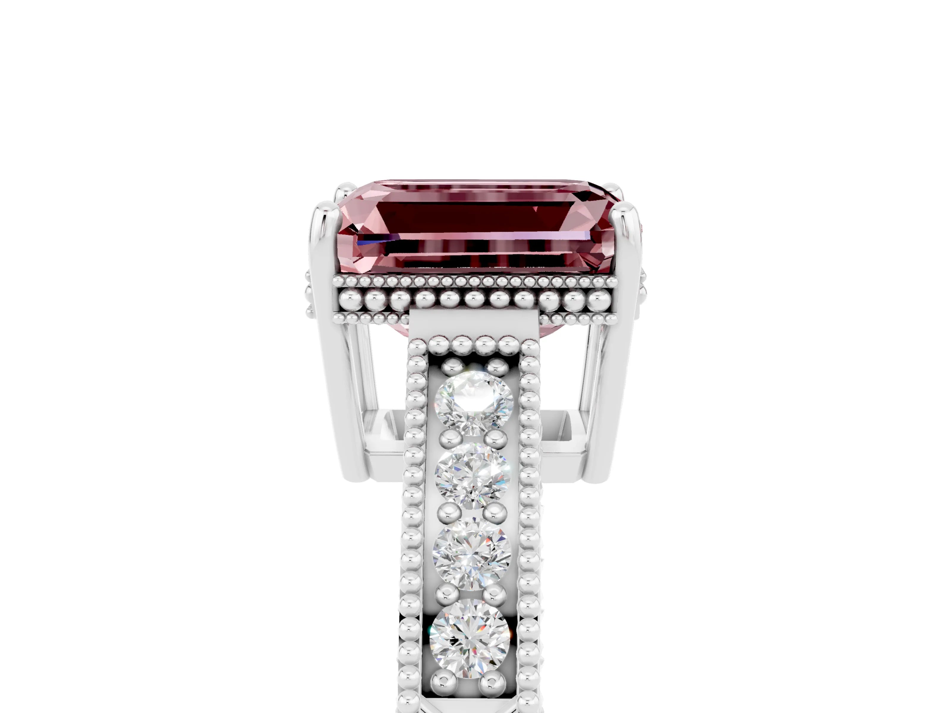 White gold Emerald Cut Morganite Engagement Ring with Milgrain Channel Set Band and Prong Setting_5
