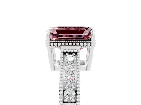 White gold Emerald Cut Morganite Engagement Ring with Milgrain Channel Set Band and Prong Setting_5