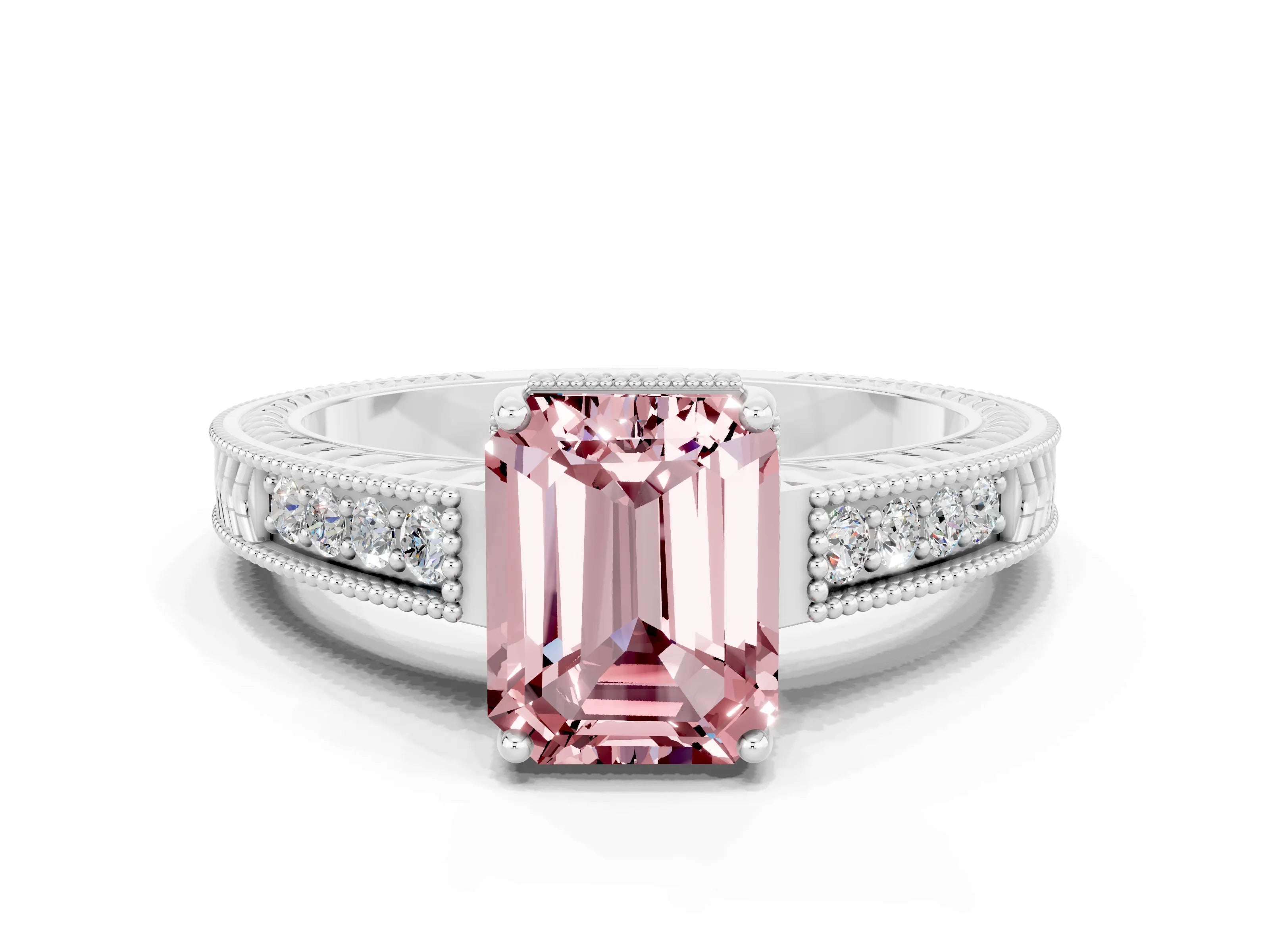 White gold Emerald Cut Morganite Engagement Ring with Milgrain Channel Set Band and Prong Setting