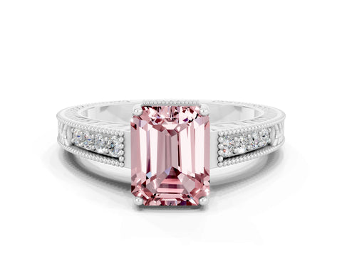 White gold Emerald Cut Morganite Engagement Ring with Milgrain Channel Set Band and Prong Setting