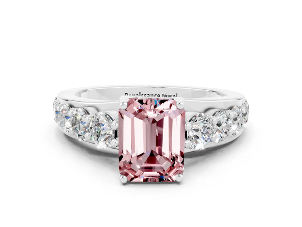 Platinum Emerald Cut Morganite Engagement Ring with Pavé Band and Four-Prong Setting