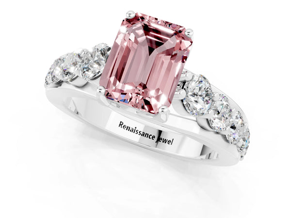 Platinum Emerald Cut Morganite Engagement Ring with Pavé Band and Four-Prong Setting