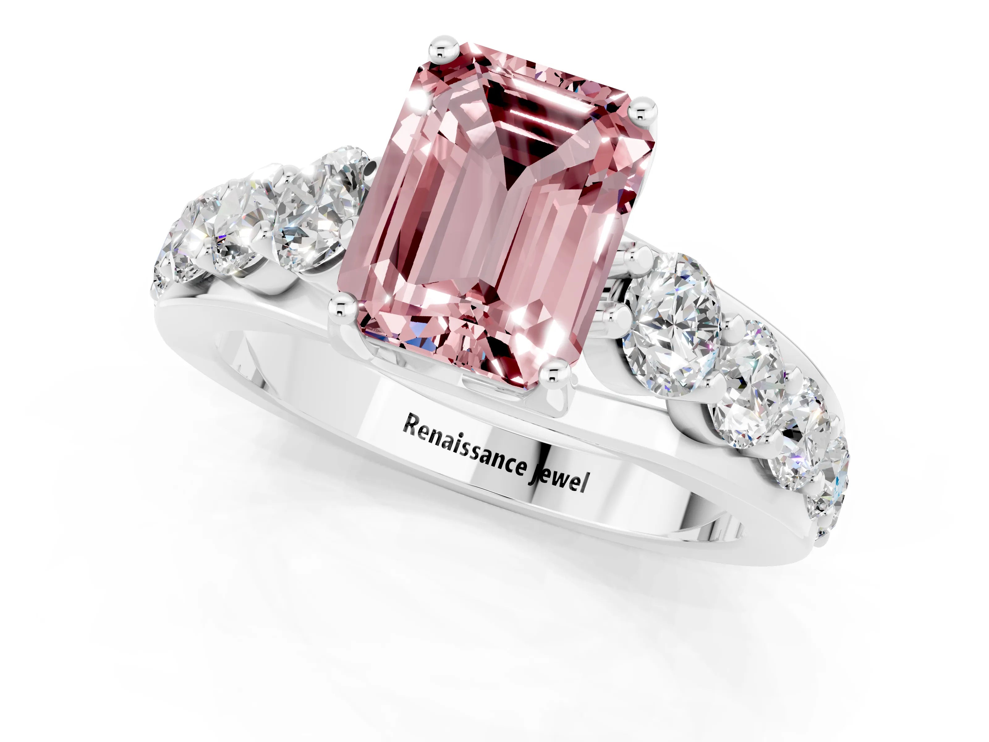White gold Emerald Cut Morganite Engagement Ring with Pavé Band and Four-Prong Setting_1
