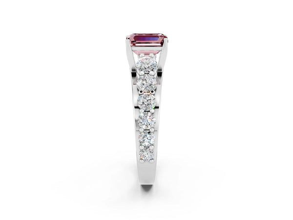 Platinum Emerald Cut Morganite Engagement Ring with Pavé Band and Four-Prong Setting