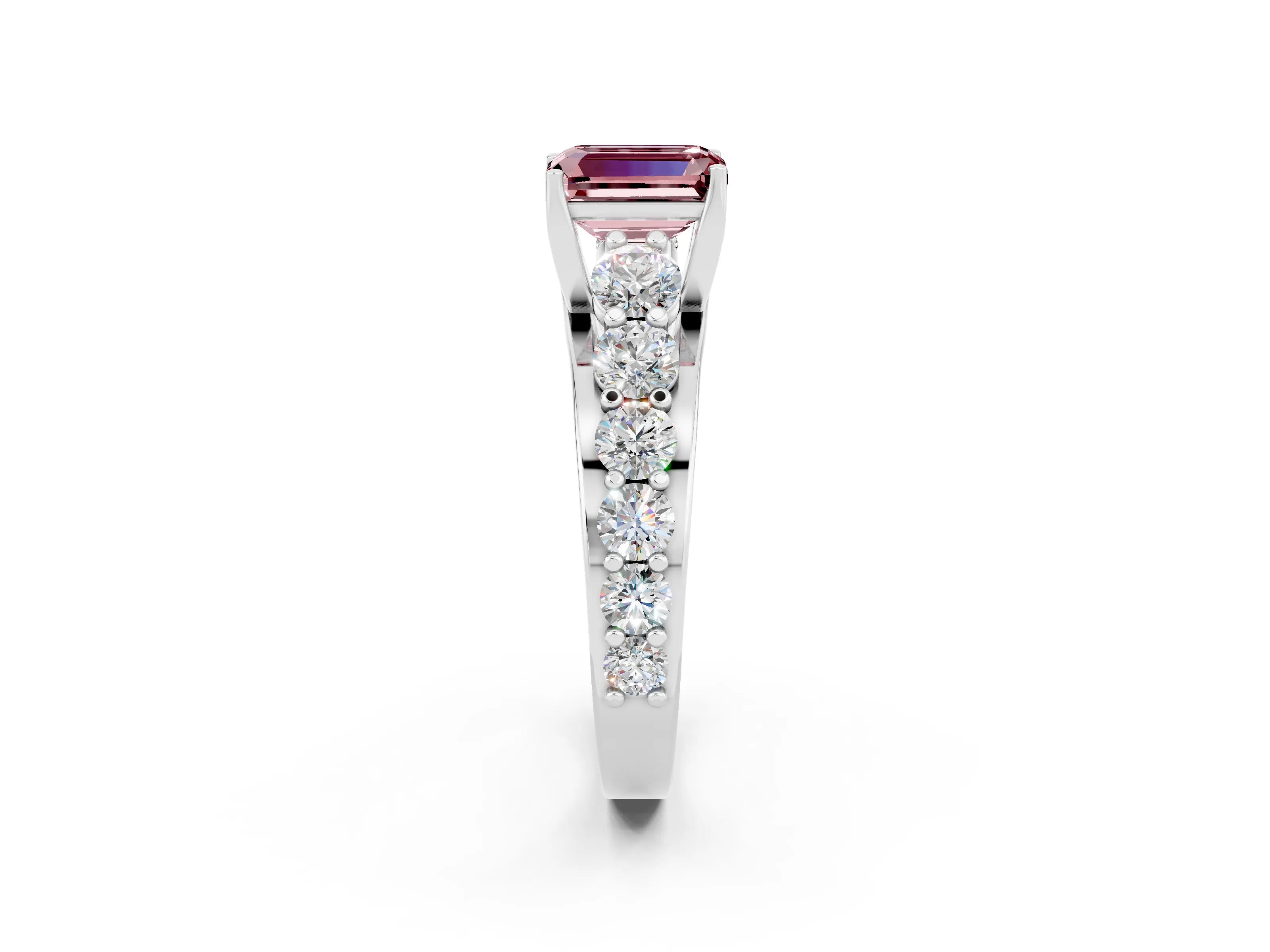 White gold Emerald Cut Morganite Engagement Ring with Pavé Band and Four-Prong Setting_2