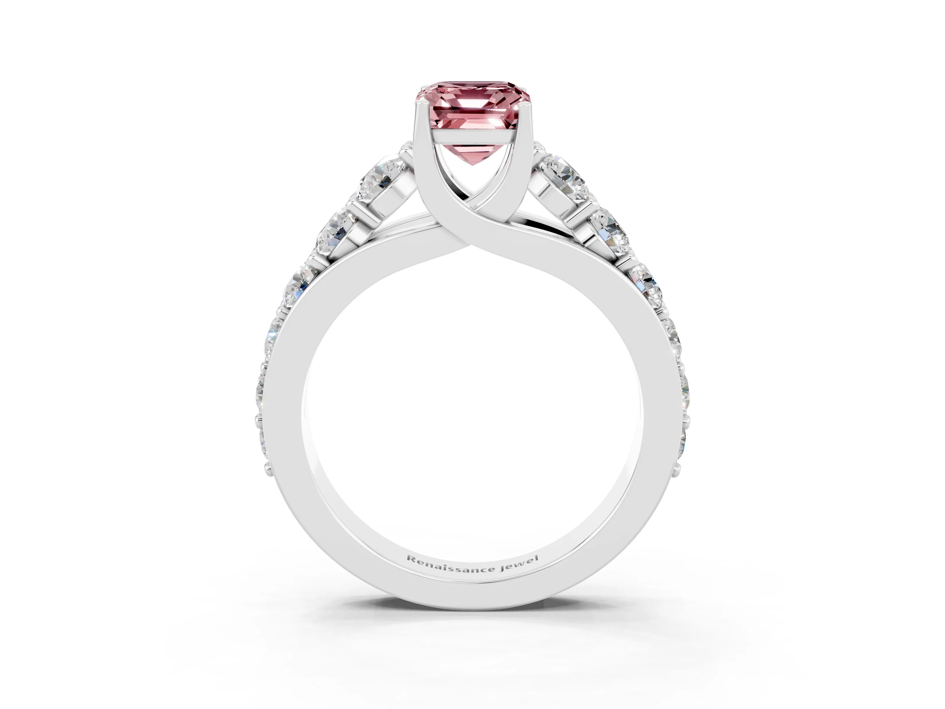 White gold Emerald Cut Morganite Engagement Ring with Pavé Band and Four-Prong Setting_3