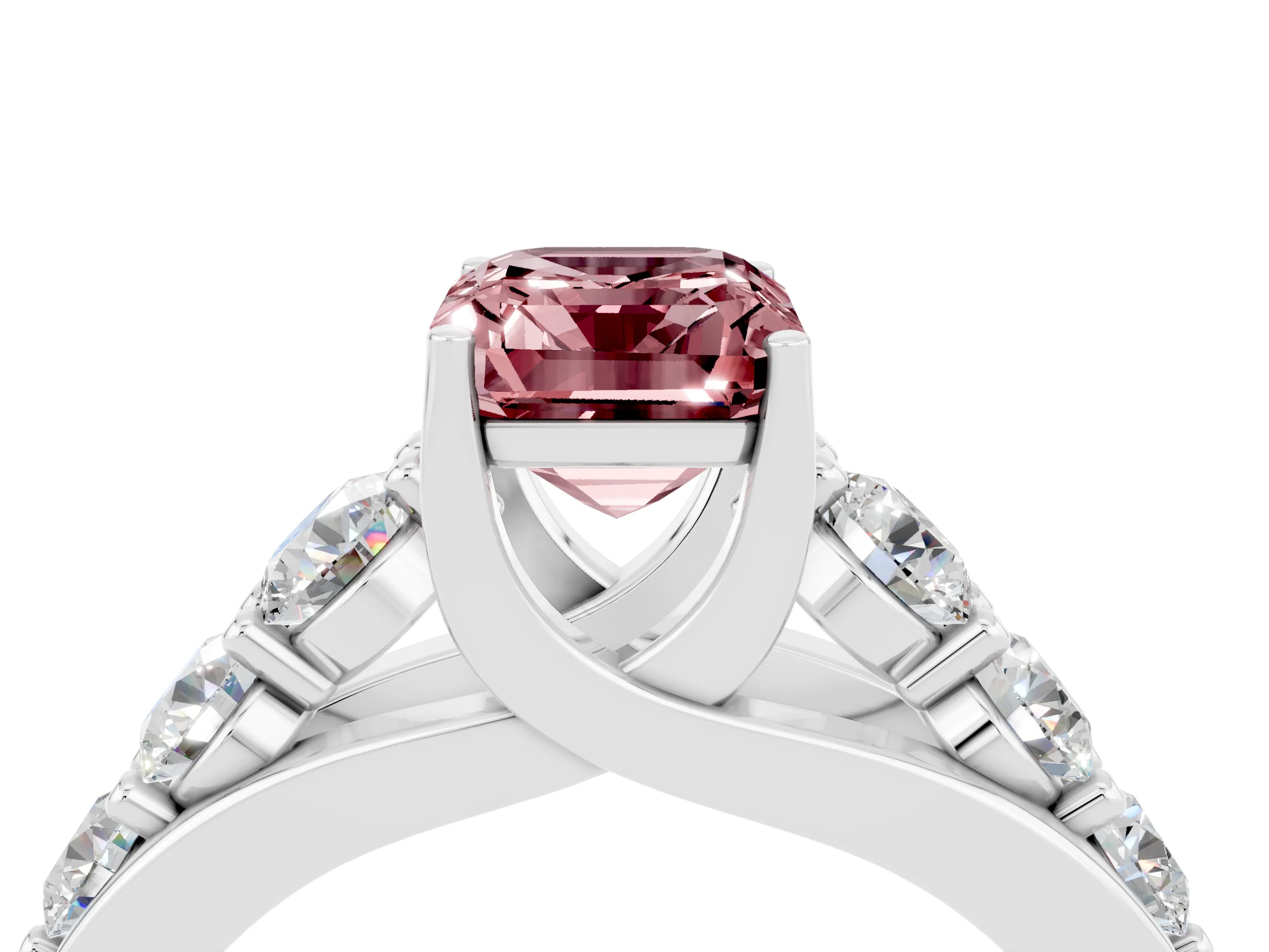 White gold Emerald Cut Morganite Engagement Ring with Pavé Band and Four-Prong Setting_4