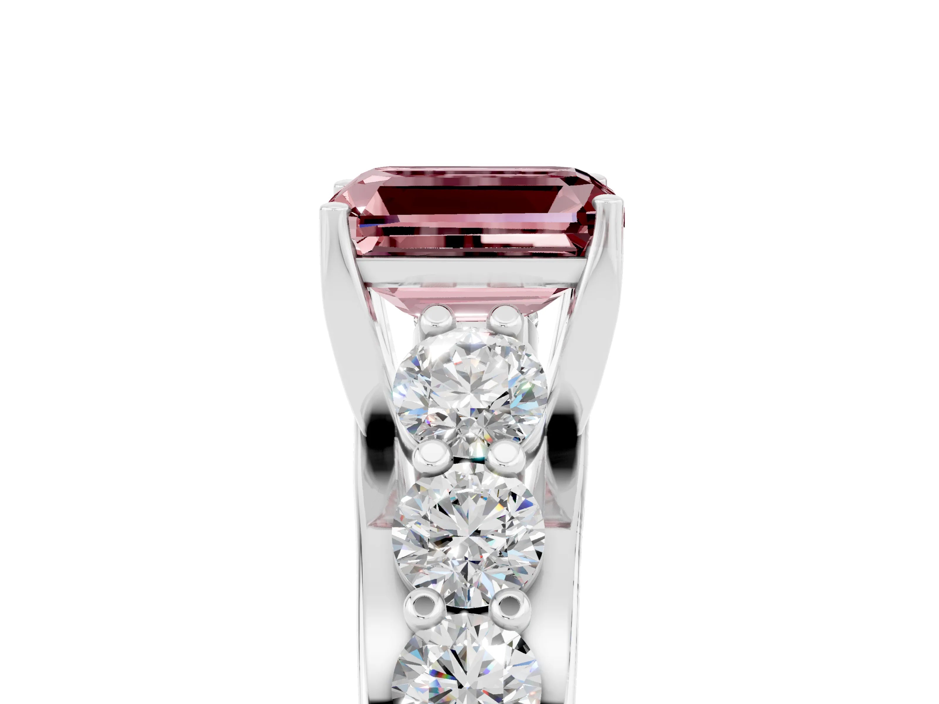 White gold Emerald Cut Morganite Engagement Ring with Pavé Band and Four-Prong Setting_5