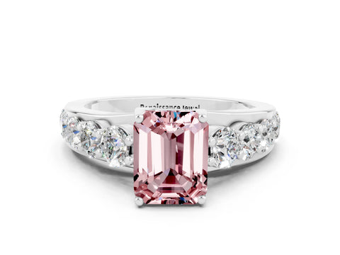 White gold Emerald Cut Morganite Engagement Ring with Pavé Band and Four-Prong Setting