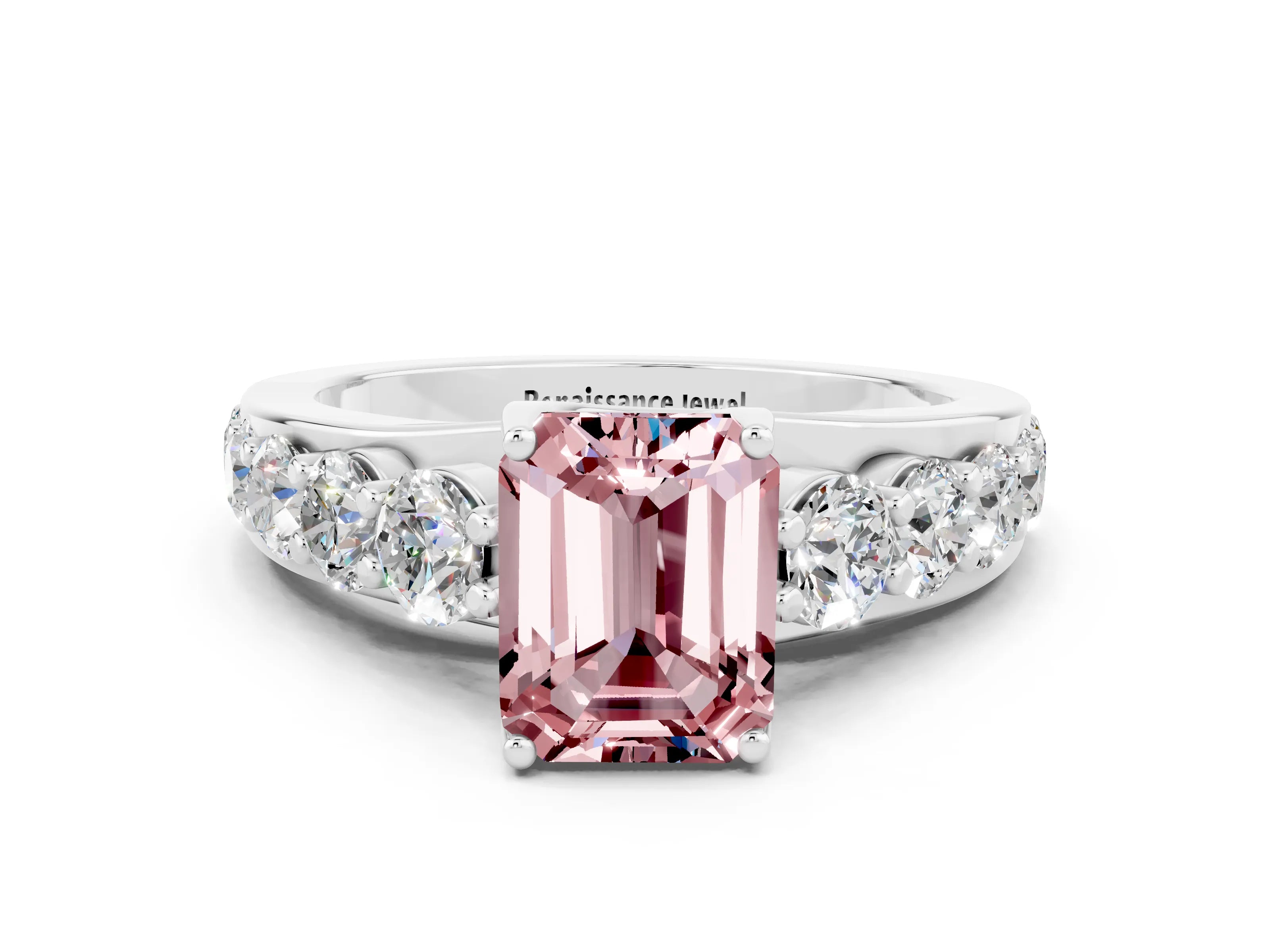 White gold Emerald Cut Morganite Engagement Ring with Pavé Band and Four-Prong Setting