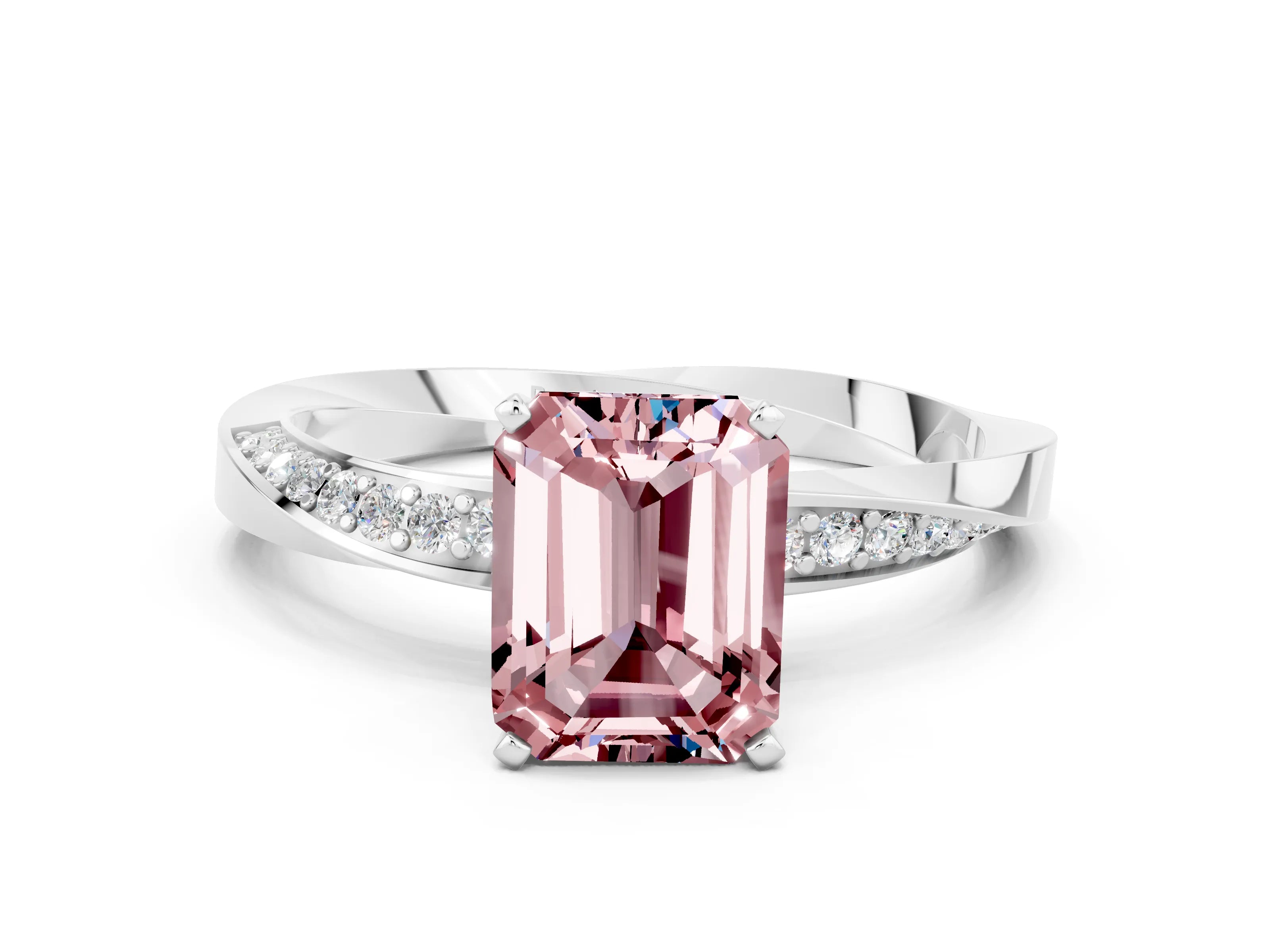 White gold Emerald Cut Morganite Engagement Ring with Side Stone Accents and Four-Prong Setting_27