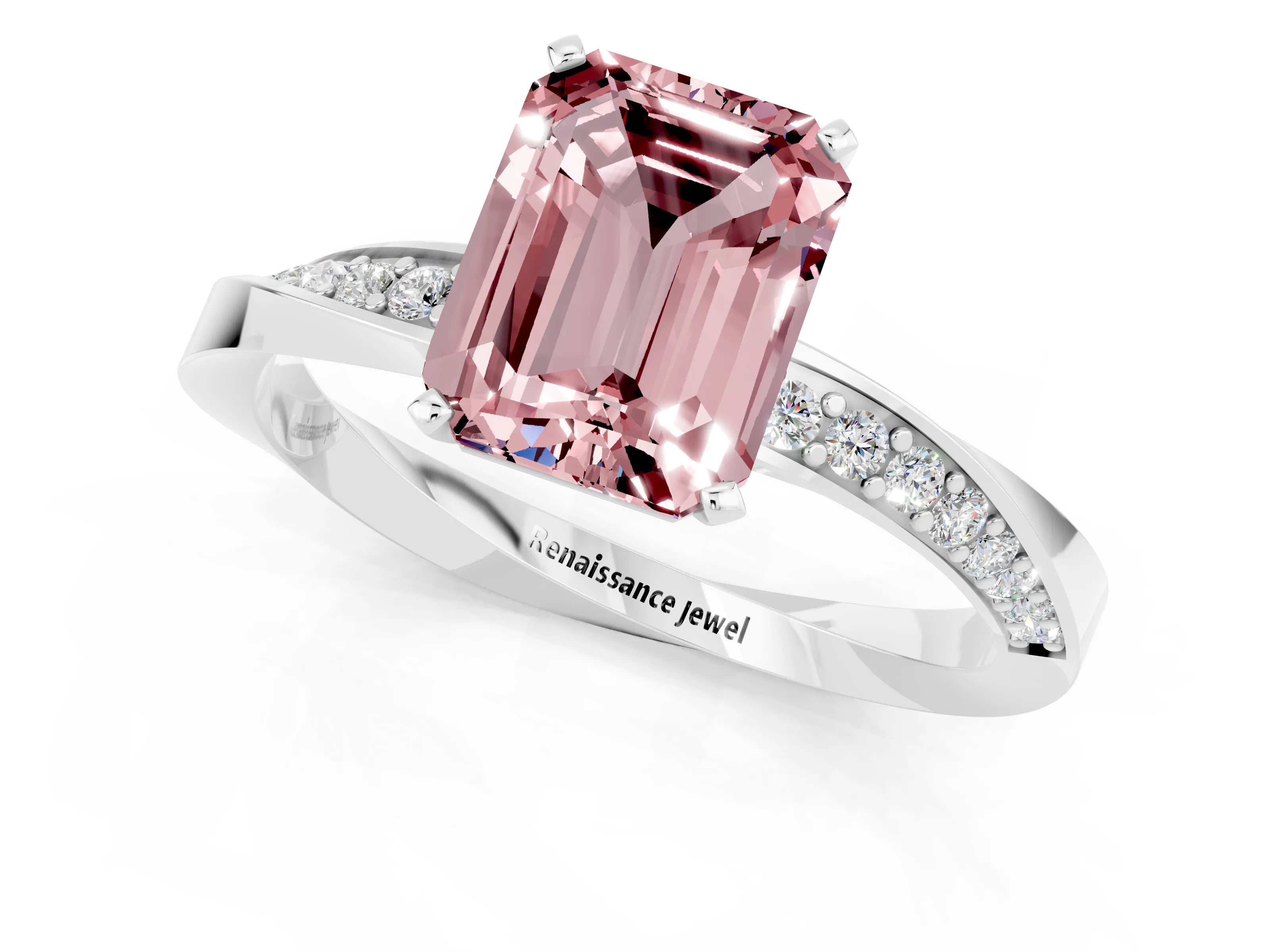 White gold Emerald Cut Morganite Engagement Ring with Side Stone Accents and Four-Prong Setting_28