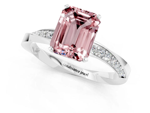 White gold Emerald Cut Morganite Engagement Ring with Side Stone Accents and Four-Prong Setting_28